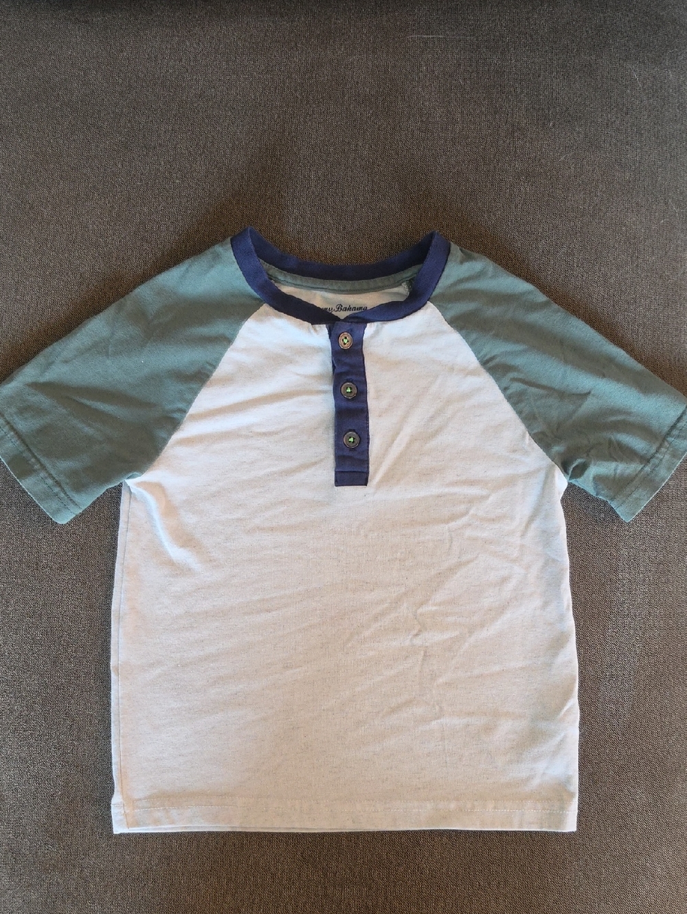 Tommy Bahama White Henley Tee with Seafoam Sleeves and Navy Trim